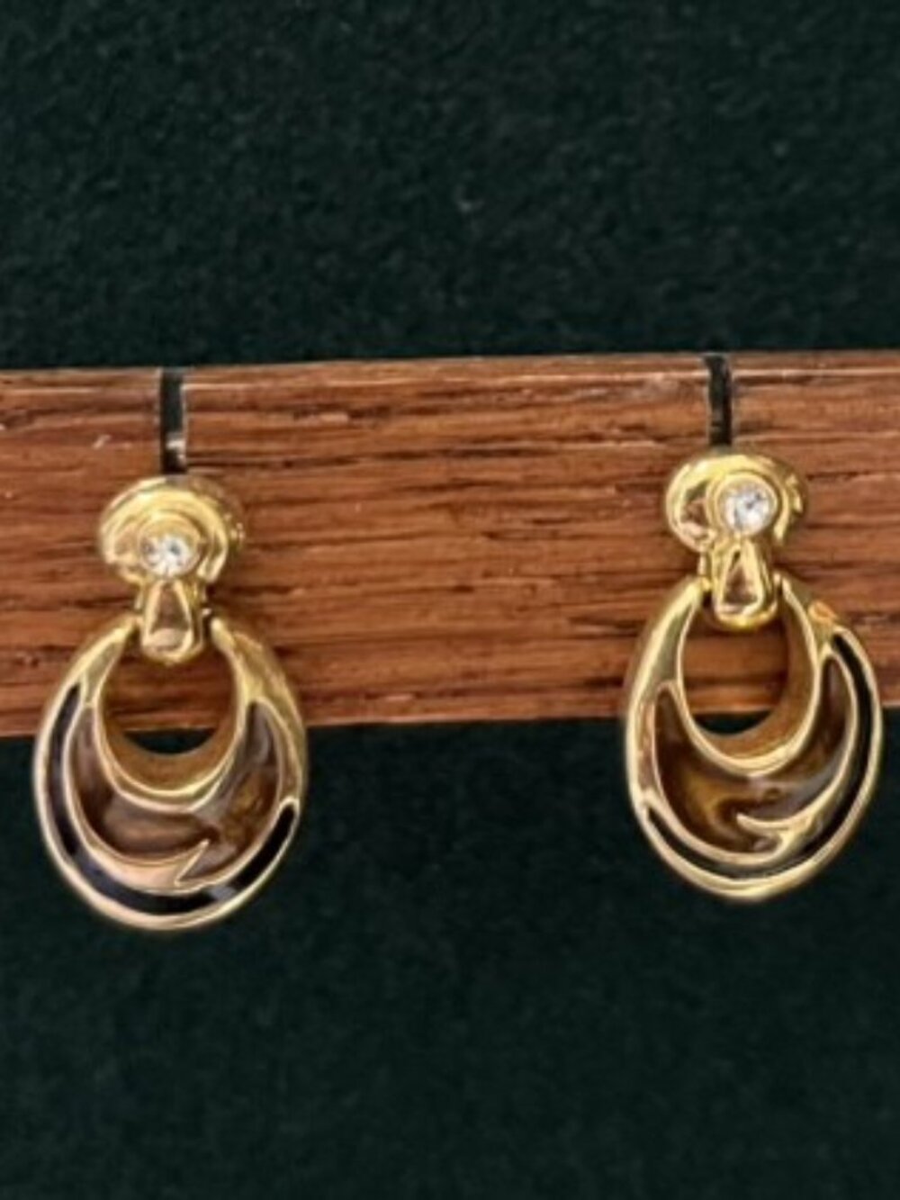 Vintage 80s Sculptural Gold Enamel Drop Earrings Rhinestone